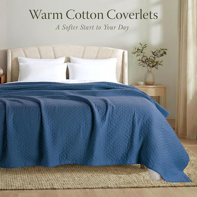 Threadmill Luxury Cotton Blankets for King Size Bed | All-Season Cozy 100% Cotton Blanket | Criss Cross Soft & Lightweight Coverlet fits California King Size Bed, 104x92 | Folkstone Blue