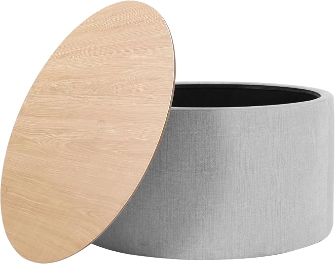 HomePop Storage Ottoman with Wood Grain Top - Light Gray Textured Woven