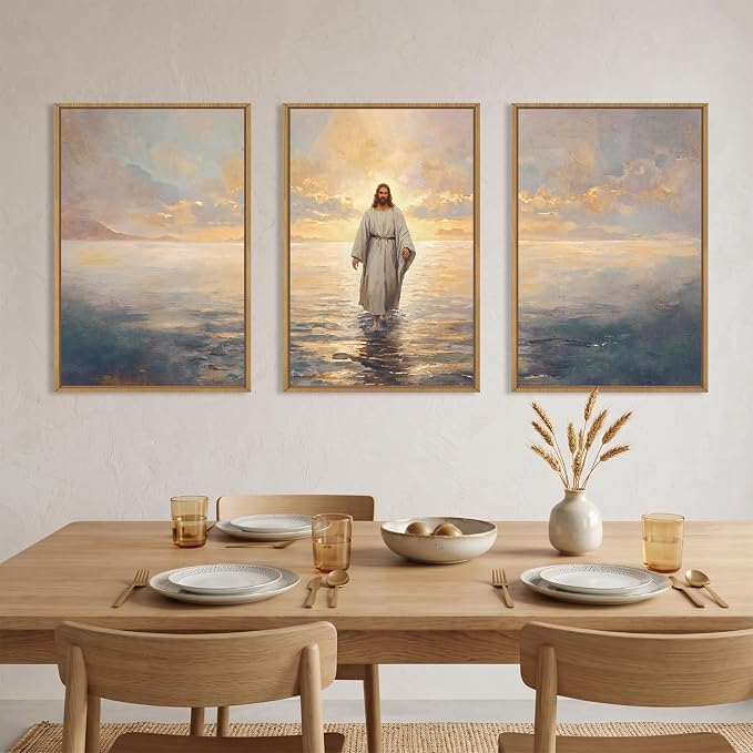 Large Jesus Christian Framed Canvas Wall Art Set,Jesus Walking On The Water Wall Decor,Vintage Religious Ocean Artwork for Living Room,Bedroom,Prayer Room,Church-24 x36 x3