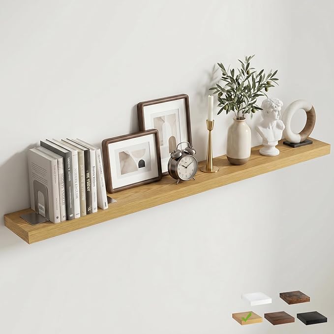 72 Inch Floating Shelves for Wall, 8"D Wood Storage Shelves, Oak Finish | Engineered Wood, Invisible Bracket, Large Storage, Easy Install, Hold Up to 99lbs, Living Room, Bathroom, Bedroom, Kitchen