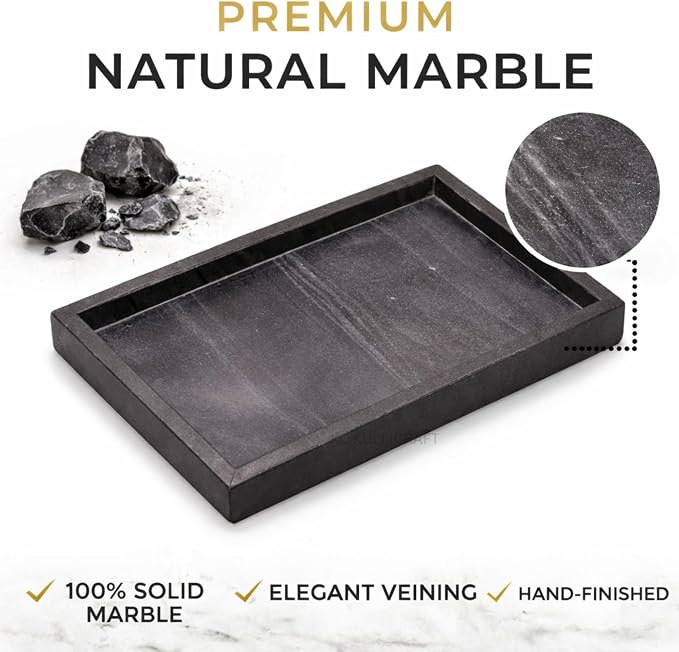 Natural Marble Tray, Black, 12" x 8", Rectangular | For Bathroom, Kitchen & Vanity Organizer, Desktop & Coffee Table Use, Stone Organizer