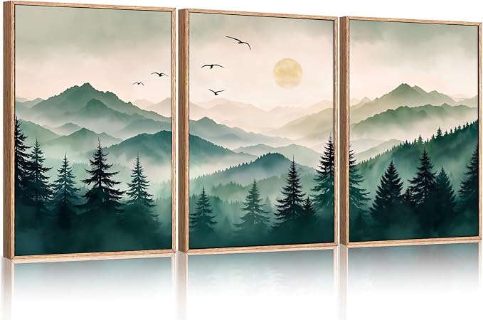 Large Boho Mountain Framed Canvas Wall Art Set 16"x24"x3 | Misty Forest Landscape Neutral Pine Tree Nature Sunrise Art Prints Living Room Bedroom Dining Room Office