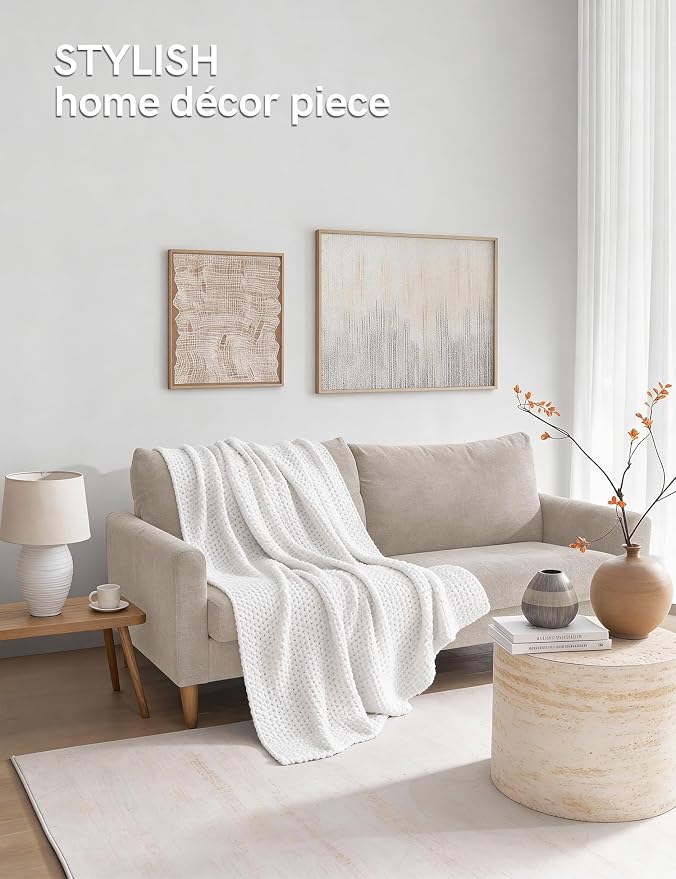 YnM Chunky Cotton Knit Throw Blanket, Cable Knit Throws for Bed Couch Sofa, Comfy & Relaxing, Decorative Piece for Farmhouse Modern Boho Rustic Scandinavian Chic Vibe, White 60x80 Inches