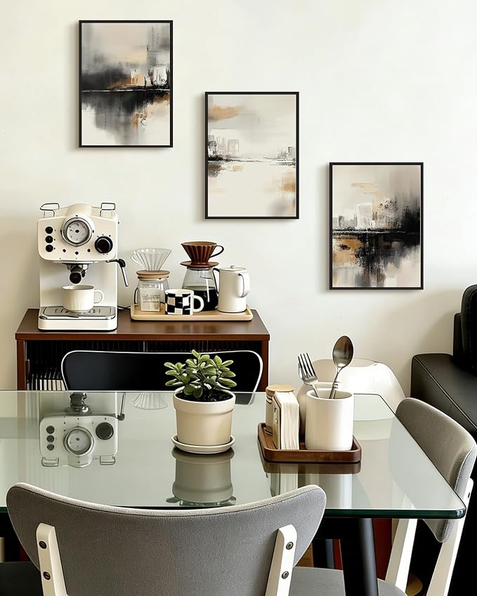 PHOPAGO Black Gray Abstract Landscape Framed Wall Art Brown Tan Neutral Wall Decor Minimalist Modern Illustrations Prints Bedroom Home Decor - 12x16in Black Framed