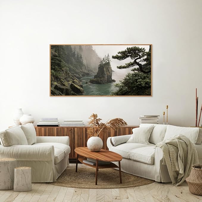 Rantodecor Coastal Forest Framed Canvas Wall Art, Pacific Northwest Coast landscape Wall Decor, Nature PNW Mountain Sea Art Paintings, Sage Green Pine Artwork for Bedroom Living Room Office 40"x20"