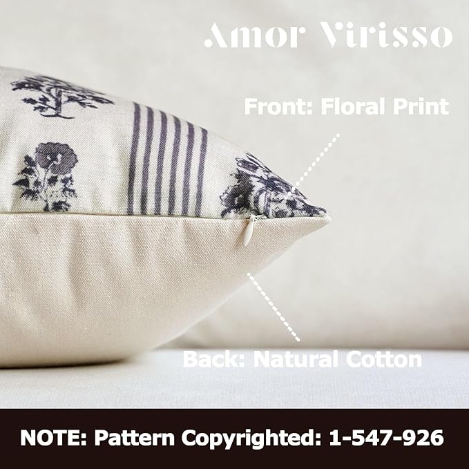 Amor Virisso Floral Throw Pillow Covers 20x20 Set of 2 Block Print Pillow Covers Neutral Floral Striped Farmhouse Decorative Pillow Covers for Sofa Couch Bed, Light Taupe