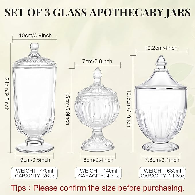 3 Pcs Glass Apothecary Jar with Lid Decorative Crystal Candy Jar for Candy Buffet Bathroom Storage Canisters Wedding Decor Glass Organization Canisters for Home 26/21.3/4.7 oz