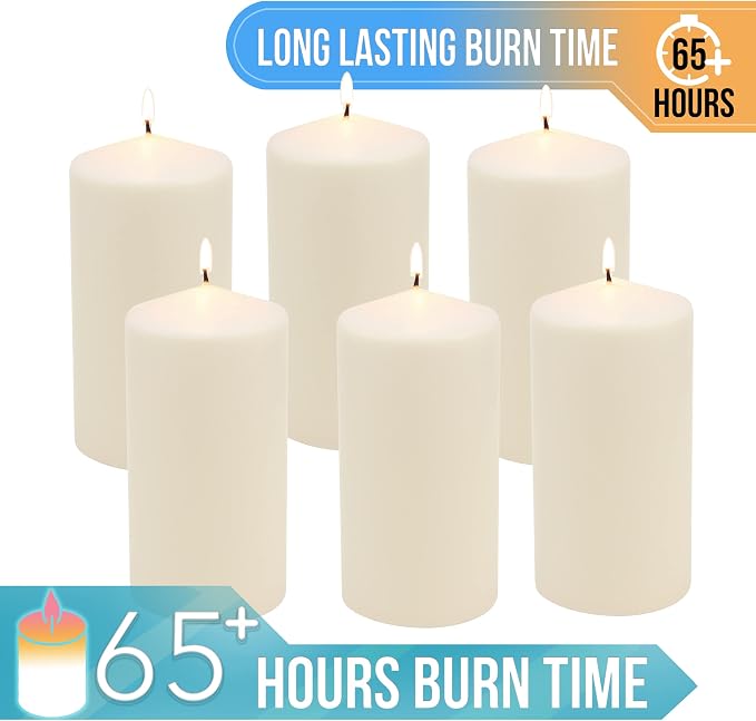 Stonebriar 6, Tall 3 x 6 Inch 65 Hour Long Burning Unscented Ivory Wax Pillar Candles (Pack of 4. 24 Count Total)