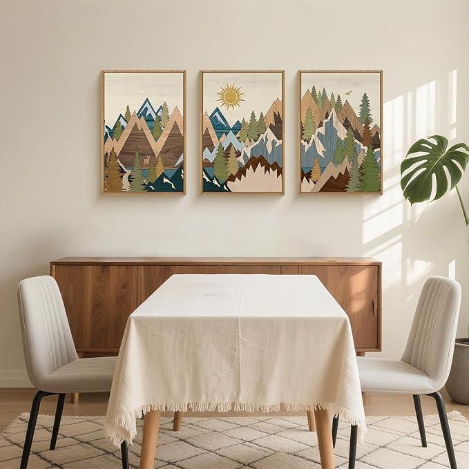 FWIEXA Large Mountain Woodcut Style Canvas Wall Art Set of 3, Sunrise Pine Tree Wall Decor, Forest Animal Painting, Nature Wilderness Lake Landscape, 16x24In Rustic Artwork for Living Room, Bedroom, Bathroom