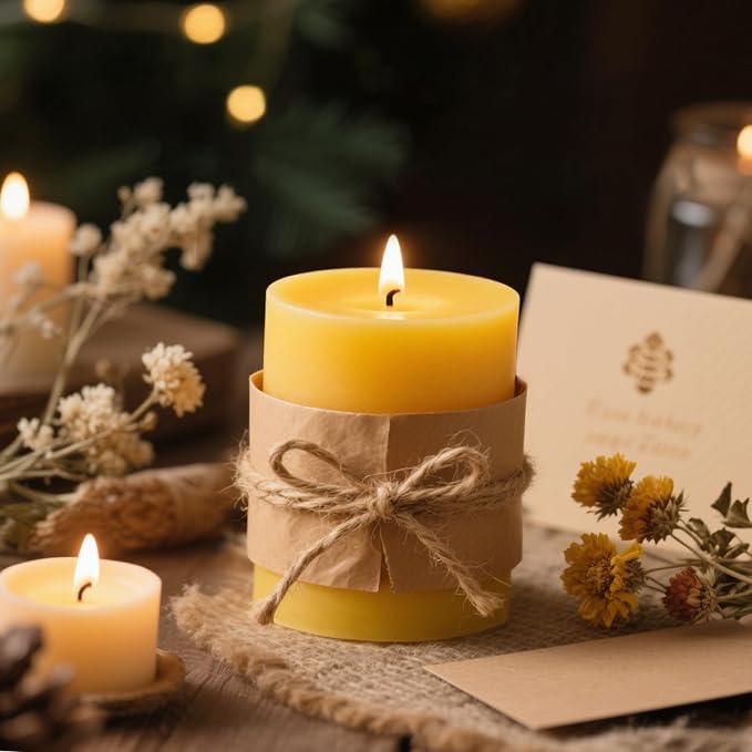 3 Pack Beeswax Candles - 3x4inchs Emergency Candles, Beeswax Pillar Candles 180 Hours Long Burning 100% Pure Natural for Emergency, Dripless & Smokeless Bees Wax Candle for Home & for Relax(3x4in)