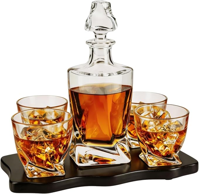 Ember Japanese Crystal Whisky Decanter Set with 4 Tumbler Glasses, Lead-Free Liquor Carafe & 10oz Rocks Glasses - Scotch Bourbon, Spirits & Wood Base Elegant Barware Gift for Men, Japan Design Gifts