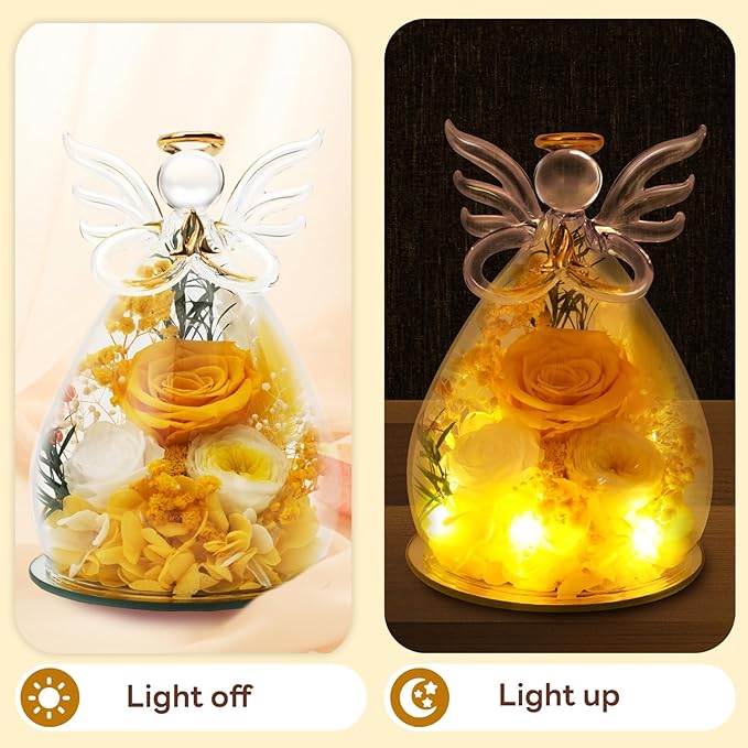 Yellow Preserved Rose Angel Figurine, Thank You Gifts for Female Coworker Teacher Nurse, Real Flower Friendship Farewell Birthday Presents