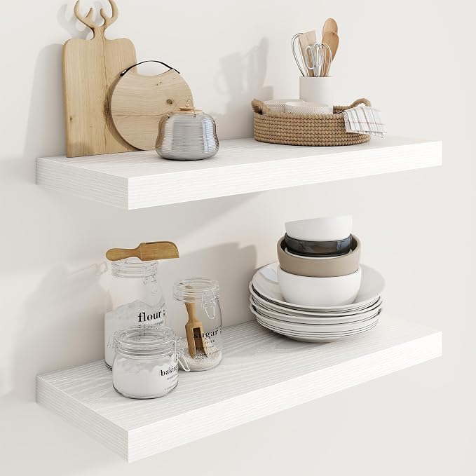 24in Floating Shelves for Wall, 24"W x 9.25"D x 1.25"H, 2 Pack Long Wall Mounted Engineered Wood Shelves with Invisible Brackets for Living Room, Bedroom, Bathroom, Kitchen Decor and Storage, White