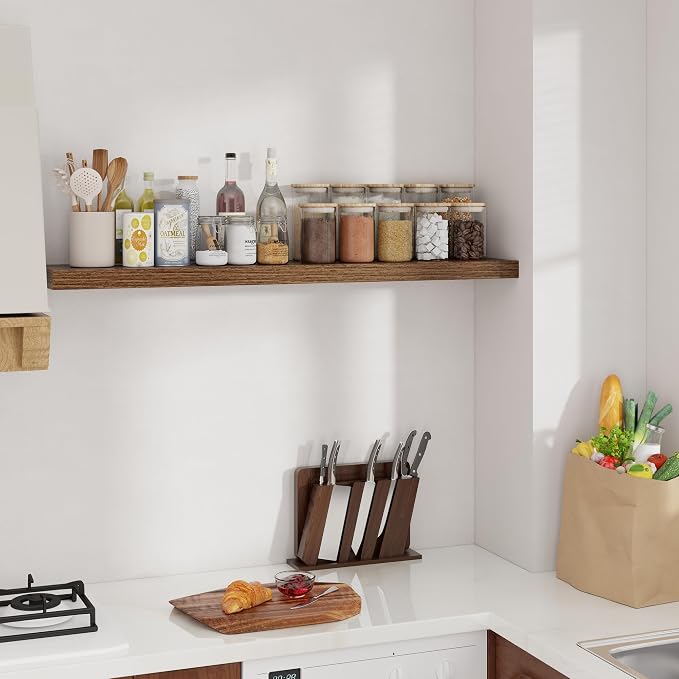 Floating Shelves for Wall, 48 inch Walnut Extra Long Floating Shelves, 9.3in Deep Wall Mounted Shelf, Wooden Shelves for Living Room, Bathroom, Kitchen, Office, Floating TV Stand, 2 Packs