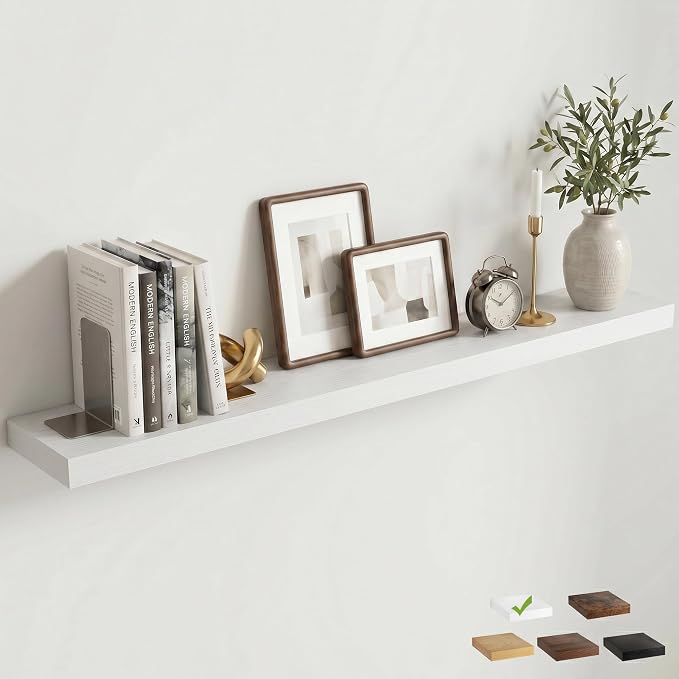 55 Inch Floating Shelves for Wall, 8"D Wood Storage Shelves, White Finish | Engineered Wood, Invisible Bracket, Large Storage, Easy Install, Hold Up to 88lbs, Living Room, Bathroom, Bedroom, Kitchen