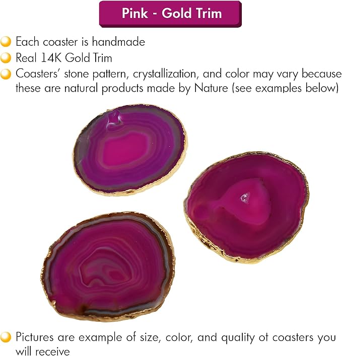 Nature's Decorations Pink Gold Rimmed Agate Stone Coasters - Set of 4, Polished Geode Drink Mats for Dining & Coffee Table & Kitchen Geode Decor Non-Toxic 3.5-4" Diameter