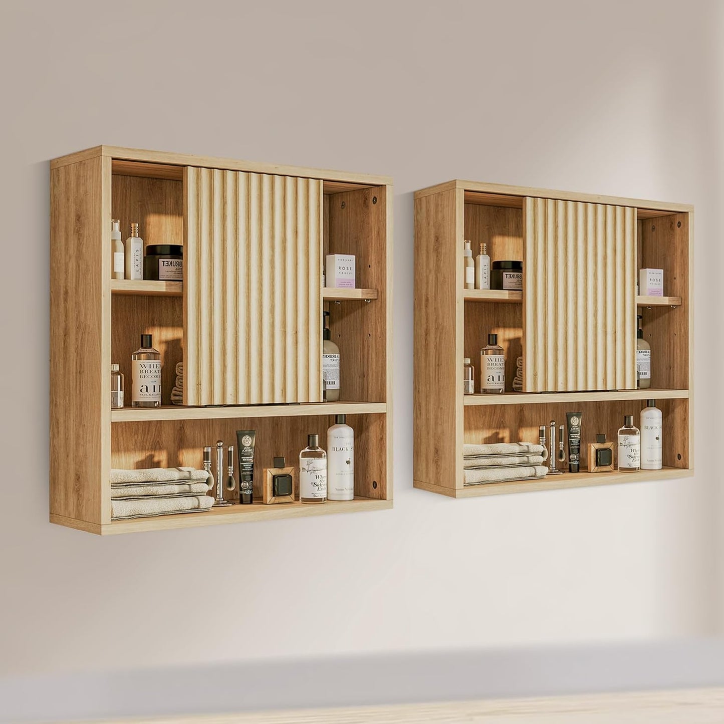 2 Pcs Bathroom Wall Cabinet Above Toilet Storage，Wall Mounted Storage with Adjustable Shelves, Space-Saving Modern Design for Bathroom & Laundry Room, Kitchen, Dining Room, Living Room