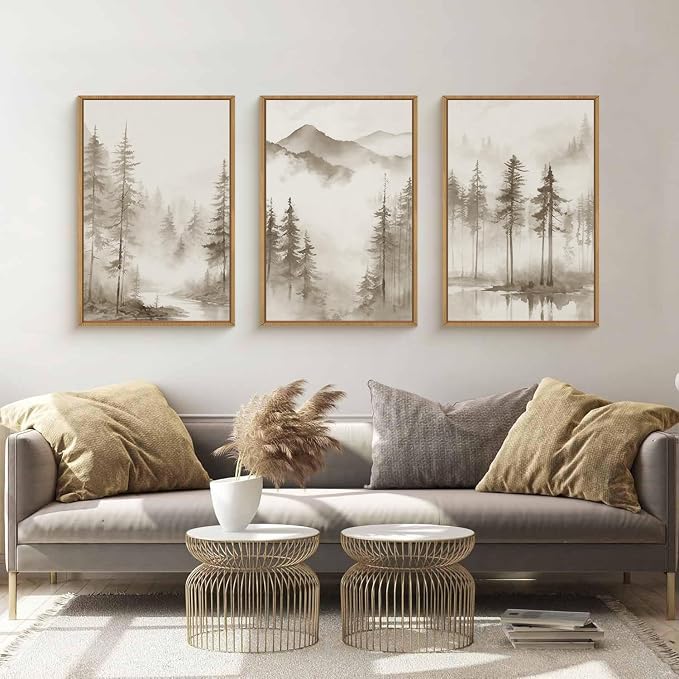 HPNIUB Foggy Mountain Forest Framed Wall Art Set, Abstract Misty Woodland Wall Decor,Neutral Pine Tree Farmhouse Art Print,Modern Nature Landscape Artwork for Living Room, Bedroom,Office-24 x36 x3