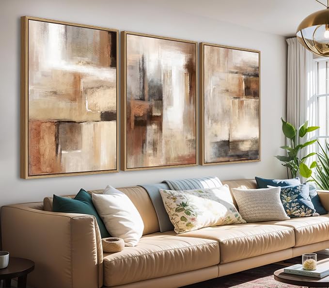 Large Framed Canvas Wall Art - Natural Float Framed Brown Abstract Picturtes for Living Room Decor Brown Abstract Painting Artwork Prints for Bedroom Kitchen Home Office Decor 96" X 48" Set of 3