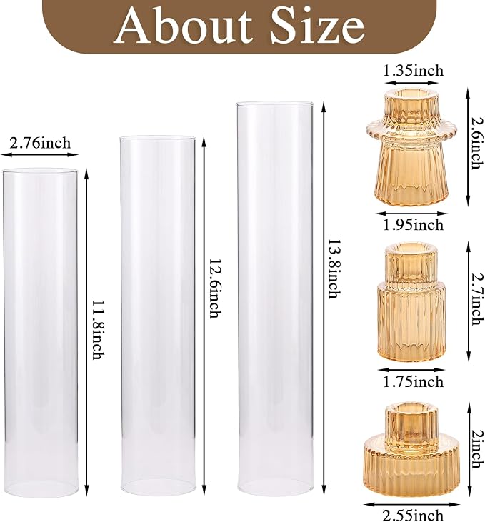 NITIME 9 Set Hurricane Glass Candle Holders for Table Centerpieces, Gold Candlestick Holders with Windproof Cylinder Covers(11.8"/12.6"/13.8" H), Taper Candle Holders for Wedding, Party and Home Decor