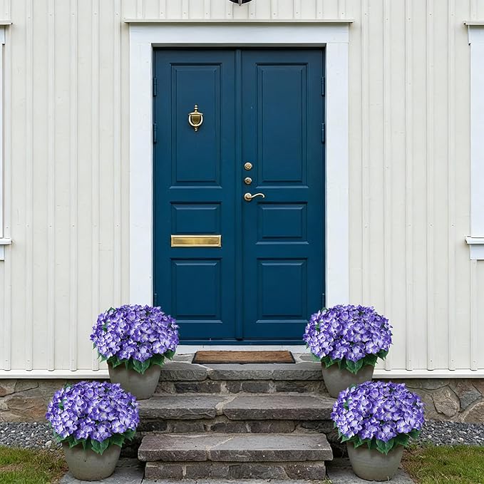 FOTEEWL 16 Bundles Artificial Hydrangea Flowers for Outdoor Decor, Realistic Faux Silk Bouquets Sun-Resistant Fake Plants for Front Door Balcony Farmhouse Garden Home Spring Summer Decor (Purple)