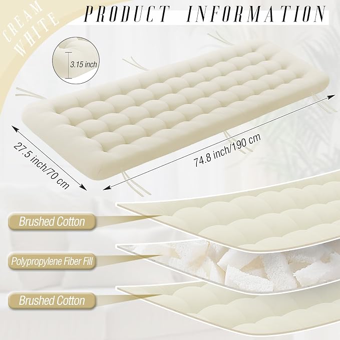 Vercraft Long Floor Cushion Large Floor Cushion with Brushed Cotton 74.8 x 27.5 x 3.15 in Jumbo Lounger Pillow for Outdoor Indoor Bay Window Meditation Yoga Reading Sleeping(1 Pc,Cream White)