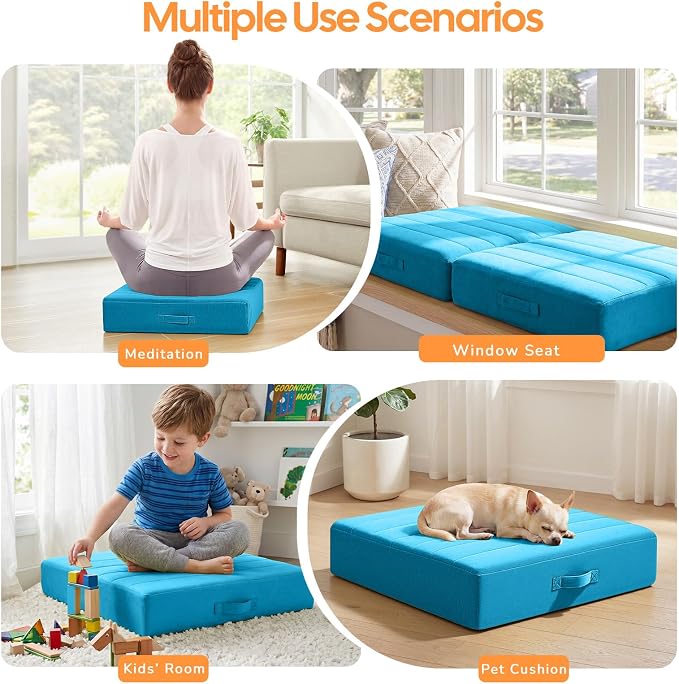 MeMoreCool Square Floor Pillow Seating for Adults Kids, Large Meditation Cushion Floor Pillow with Thick Foam & Soft Tufted Cover, Washable Big Pillow Seat Floor Cushion for Sitting Yoga 24" Blue