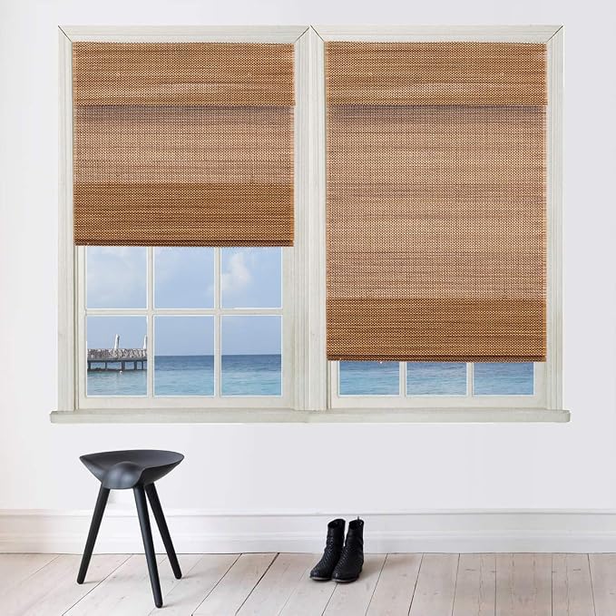 Cordless Bamboo Roman Window Blind Sun Shade, Light Filtering Shades with 8-Inch Valence - Natural Woven Bamboo (W47 x L72)