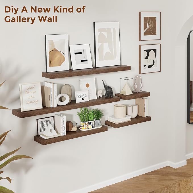 Heimlove 44 Inch Floating Shelves for Wall 8 Inch Deep Walnut Shelves Set of 2,Wall Mounted Rustic Wood Long Floating Shelf，Large Display & Storage Shelf with Invisible Brackets
