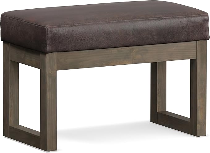 SIMPLIHOME Milltown Small Ottoman Bench - 27 inch Wide Upholstered Vegan Leather Rectangle Footstool Ottoman in Distressed Brown, Contemporary Bench for Bedroom with Cushioned Seat
