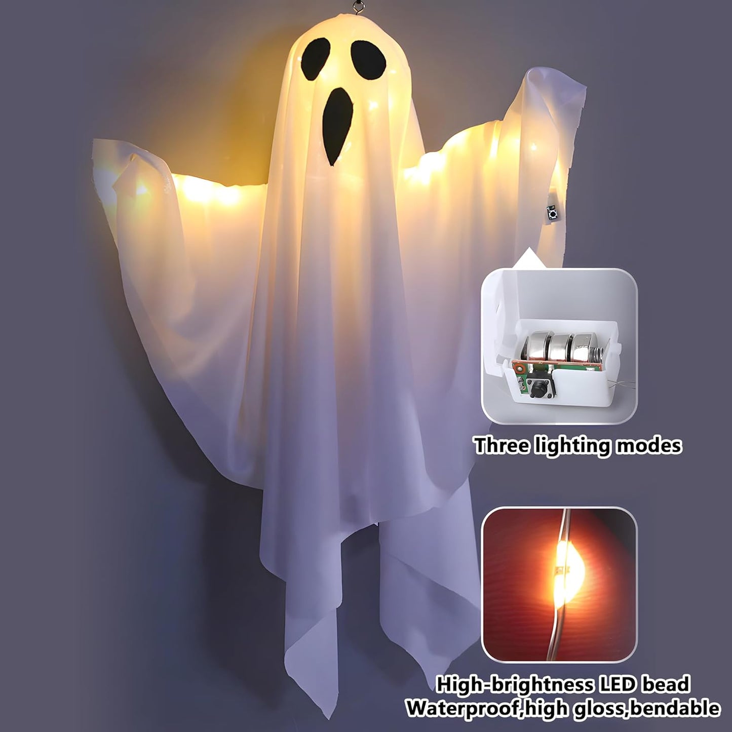 Halloween Light-up Ghost Decorations,Halloween Hanging Flying Ghosts with String Lights,Battery Operated Light up Spooky Ghosts Ornaments for Front Yard, Patio, Lawn, Garden, Party, 19.6 Inch, 2 Pack