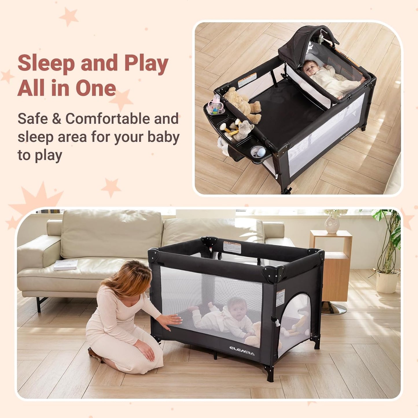 ELEMARA 5 in 1 Pack and Play, Adjustable Baby Bedside Bassinet Sleeper,1-Second Setup Foldable Playard from Newborn to Toddles,Bedside Crib with Changing Table,Portable Travel Bassinet,Ziper Door,Gray