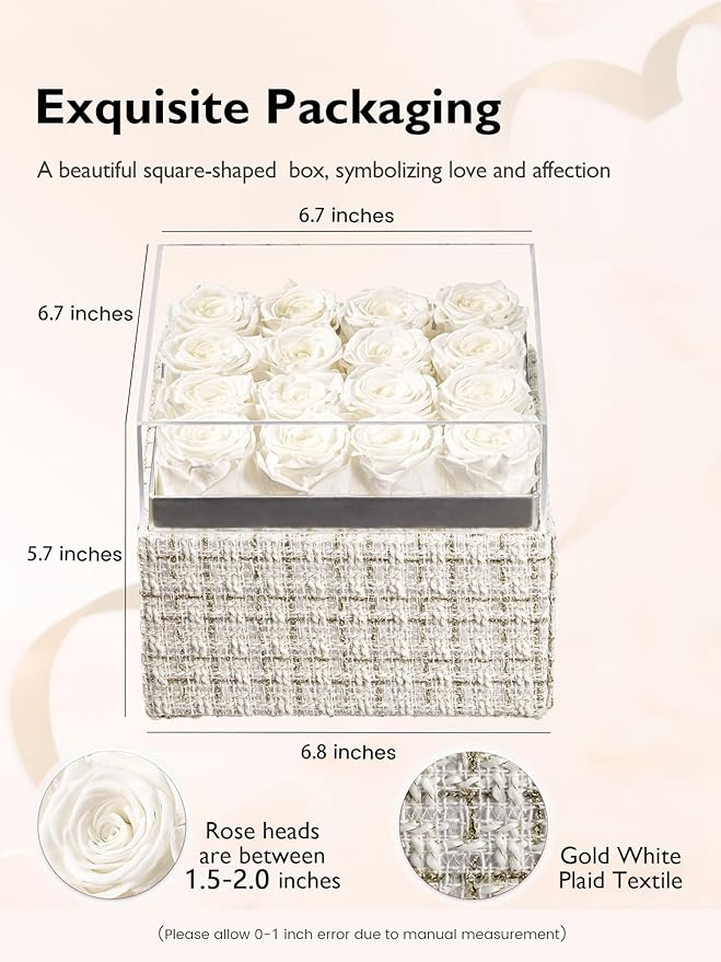 Eterfield Forever Flowers Preserved Roses Real Roses that Last Over a Year Rose Box Gifts for Her Mothers Day Valentines Day Christmas (Square Gold White Plaid Box, 16 White Roses)