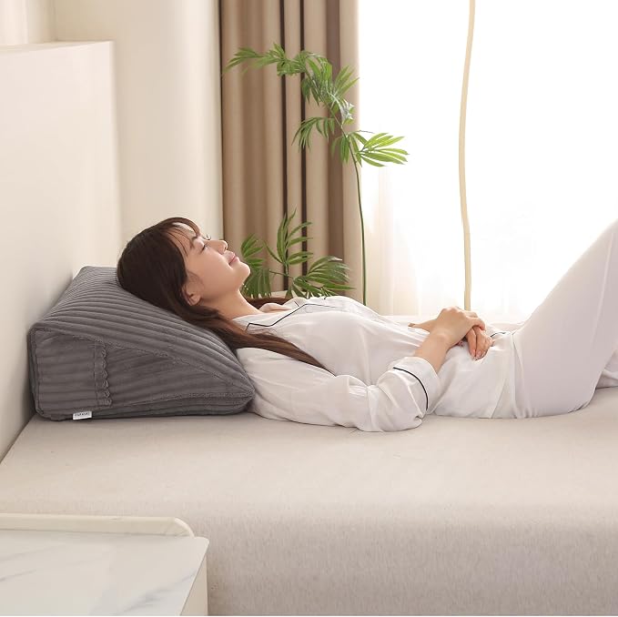 Corduroy Wedge Reading Pillow for Bed, 3 Sizes, 4 Colors for Bed, Sofa, Office Chair (Grey, Medium 19 * 16 * 7in)