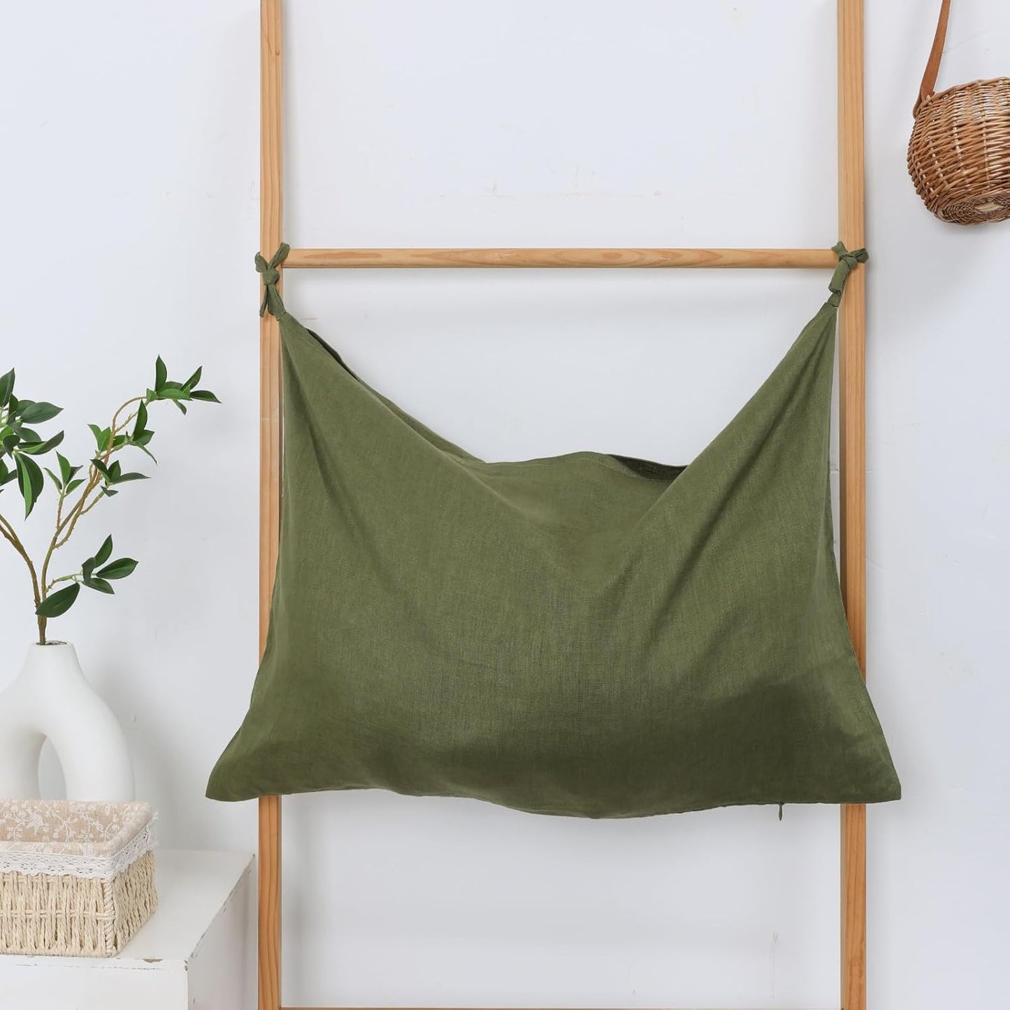 Hanging Linen Laundry Bag, 100% Pure Flax Linen Over The Door Hamper with Bottom Zipper for Laundry Room, Household Dirty Cloth Storage Organizer Bag, Army Green
