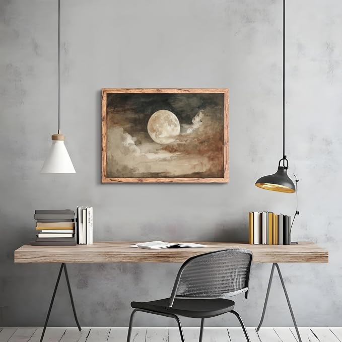 KBBYT Large Framed Wall Art Full Moon and Clouds Poster Canvas Print Vintage Aesthetic Painting Nature Countryside Pictures Wall Decor for Living Room Bedroom Home Decoration 24x36inch Wood Framed