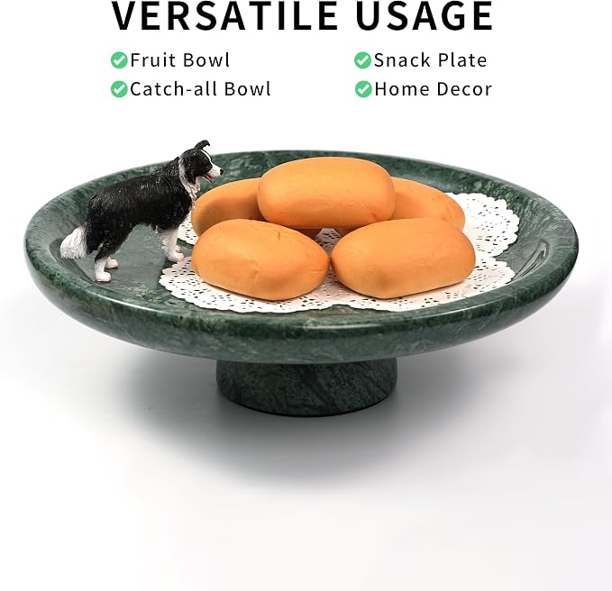 Marble Fruit Bowl for Kitchen - 11.8" Green Decorative Stone Pedestal Bowls for Home Decor, Footed Fruits Holder For Dining Table Counter Organization