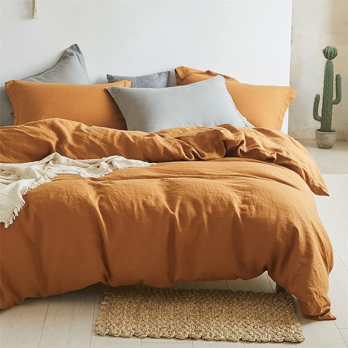Simple&Opulence 100% Linen Duvet Cover Set 2pcs Basic Style Natural French Washed Flax Solid Color Soft Breathable Farmhouse Bedding with Button Closure - Rust, Twin
