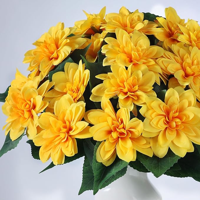 VIERENA 16 Bundles Artificial Dahlia Flowers for Outdoors Spring Summer Decor, No Fade Silk Flower Faux Dahlias Plant Arrangement for Home Garden Balcony Farmhouse（Yellow）