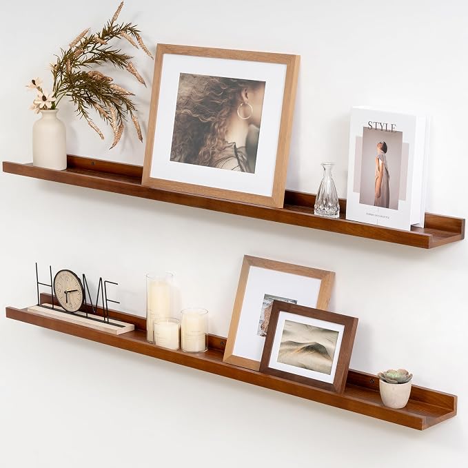 Acovy Solid Ash Wood Picture Ledge Shelf, 36 Inch, Walnut, Set of 2 | Floating Shelves with Lip, Photo Ledge Shelf, Wall Mounted, For Nursery Bookshelf