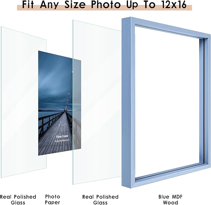 MUYE 12x16 Floating Frame Set of 2,Double Real Glass Photo Frame,Display Any Size Photo up to 12x16,Wall Mount or Tabletop Standing,Blue