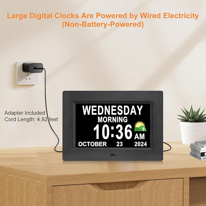 SSINI Digital Calendar Dementia Alarm Clock with Day and Date for Elderly - 15 Alarms 5 Colors Display Large Display Alzheimers Clock Large Digital Clock for Seniors (7in Black)