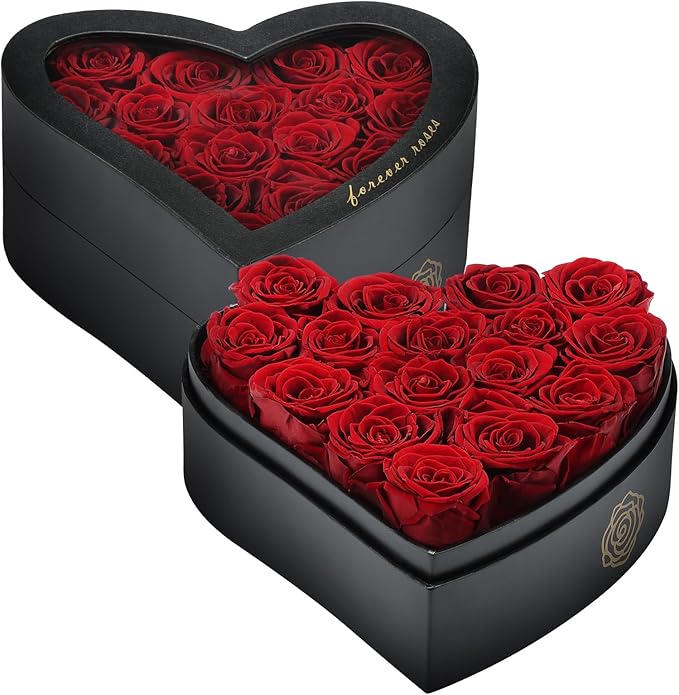 HERBMOTG 16 Forever Real Roses in Heart-Shaped Box with a Curved Design, Grade A Quality-Preserved Roses for Birthday, Mothers Day & Valentines Day (Wine)