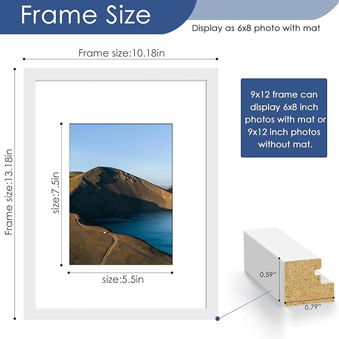 PEALSN 9x12 Picture Frame Set of 6, Display Pictures 6x8 with Mat or 9x12 without Mat for Wall Mounting or Table Top Display, Photo Frames Collage for Wall Decor, White.