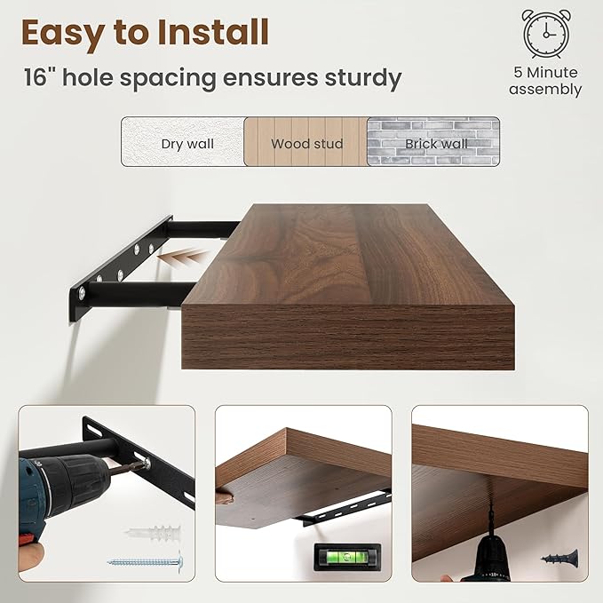 55 Inch Floating Shelves for Wall, 8 Inch Deep Floating Shelf for Storage & Display, Rustic Wall Mounted Shelf with Invisible Brackets for Living Room, Kitchen, Bathroom, Home Decor, Set of 2, Walnut