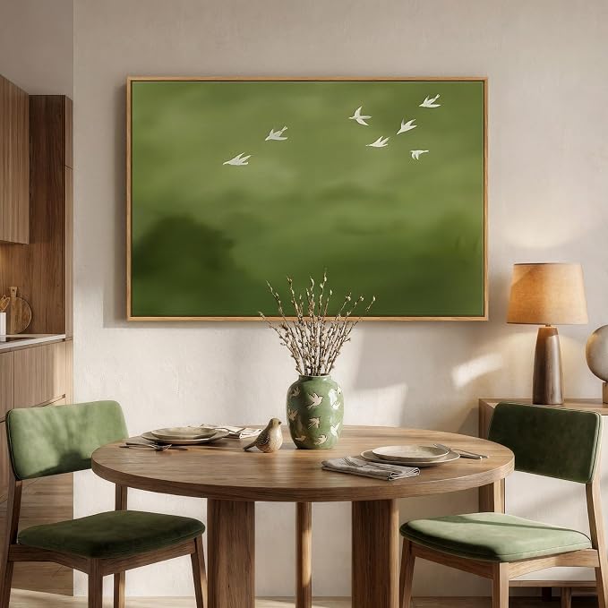 Framed Green Abstract Wall Art, Modern Minimalist Sage Green Canvas Prints Paintings for Walls, Rustic White Birds Pictures for Living Room Bedroom Dining Room Office Hallway Wall Decor, 24x36 In
