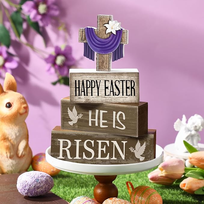 Yuntau 4 Pcs Easter Decorations He Is Risen Wooden Sign Christian Table Centerpiece Religious Cross Tiered Tray Decor Decorative Faux Book Stack Block for Table Fireplace Mantel Floating Shelf