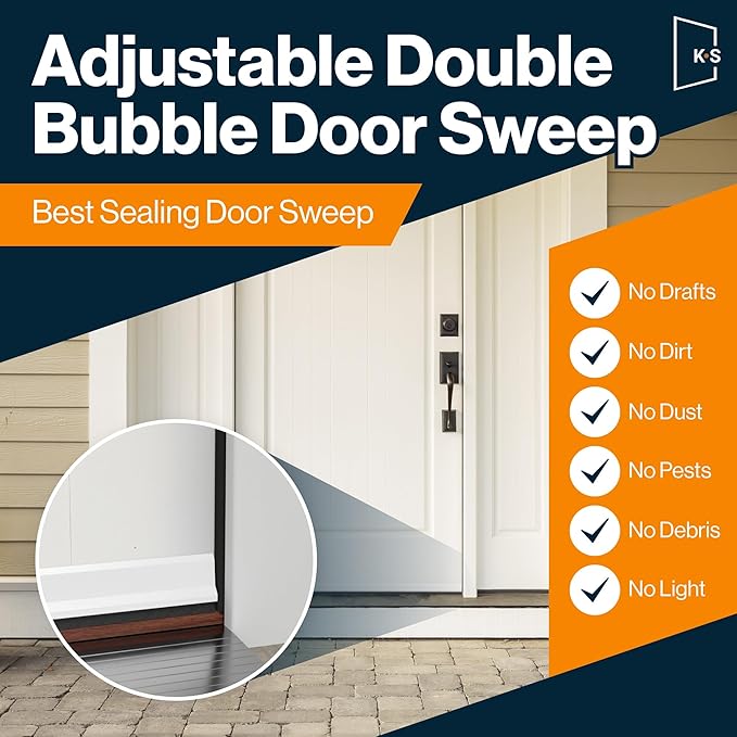Patent Pending, Adjustable Double Bubble Door Sweep, Draft Stopper, Under Door Seal for Exterior Doors, 1 3/4" x 32", White