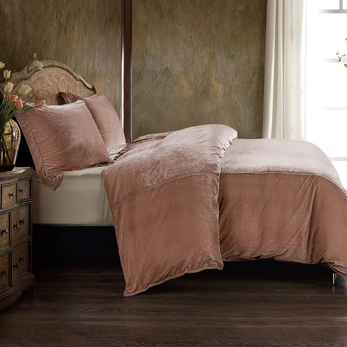 HiEnd Accents Stella Faux Silk Velvet 3 Piece Duvet Cover Set with 2 Pillow Shams, King, Dusty Rose, Romantic Western Modern Traditional Luxury Bedding, 1 Comforter Cover and 2 Pillow Cases