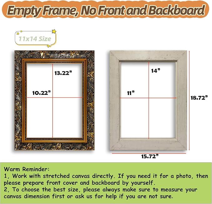 Akfado Antique Gold Wood Frame for 11x14 Canvas Paintings Prints, 2.36” Wide Ornate Wall Frame for Living Room Entryway Decoration, New Home Housewarming Birthday Gift (No Front Cover & Backboard)
